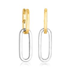 Ross-Simons - Italian Two-Tone Sterling Silver Paper Clip Link Hoop Drop Earrings. From Italy, our cool two-tone hoops are really two pairs in one. Paper clip links can be worn hooked together; or remove the second sterling silver set and wear them as single 18kt yellow gold over sterling silver hoops. Any way you prefer them, you'll reach for them time and time again. Hanging length if worn together is 1 3/4". Individual hanging length is 3/4". Hinged post, two-tone sterling silver paper clip l Hoop Drop Earrings, Silver Paper, Fine Jewelery, Jewelry Essentials, Sterling Silver Hoops, Silver Hoops, Paper Clip, Two Tone, Two By Two