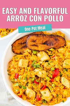 an easy and flavorful arroz con pollo is served in a white bowl