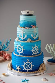 Nautical Cake with Anchors and Sailor Hat Topper Nautical Cake, Baby First Birthday Cake, Blue Cakes