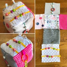 three pictures of different items made out of cloths and fabric with beads on them