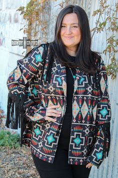 The Jolene Jacket is truly one of a kind with its bold Aztec print and fringe along the sleeves and shoulders. This jacket is lined with a comfortable material that is sure to keep you warm and stylish all season long. 90% Polyester & 10% Rayon Sizing chart in pictures. Western Long Sleeve Outerwear With Pockets, Western Long Sleeve Outerwear With Tassels, Aztec Jacket Women, Aztec Print Jacket, Aztec Jacket, Horse Hair Pottery, Aztec Print Cardigan, Fringe Jacket, Black Fringe