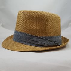 New With Tags Hat With Denim Scarf Detail. Style 570n Casual Adjustable Blue Fedora, Casual Blue Fedora With Short Brim, Brown Fitted Casual Fedora, Fitted Brown Fedora Casual Style, Fitted Beige Casual Straw Hat, Casual Fitted Beige Straw Hat, Casual Fitted Brown Fedora, Fitted Casual Beige Straw Hat, Summer Denim Hats With Flat Brim