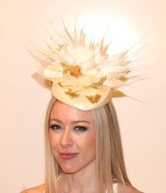 Custom Pillbox on headband. Ivory with gold butterfly embellishments. Beautiful racetrack fashion! Mini Hats, Butterfly Embellishment, Wedding Fascinators, Pill Boxes, Oct 1, Gold Butterfly, Race Track, Wedding Hair Accessories, Festival Season