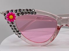 Pink cat eye clear Swarovski crystal sunglasses Barbie Rosa, Crystal Sunglasses, Flower Cat, Couple Items, Pink Cat, Pink Flower, Swarovski Crystal, Cat Eye, Pink Flowers