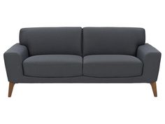 a gray couch with wooden legs on a white background