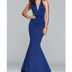 Nwt Faviana 10105 Dress Sapphire Color Sz-10/6 Halter-Style Plunging Neckline Open Back And Sculpting Seams That Fit Along The Bust, Waist And Hips, Hourglass Silhouette. The Tapered Skirt Flares From Knees To Feet To Form A Fashionably Fluted Full-Length. Blue Dress With Flattering Silhouette For Evening, Blue Formal Dress With Flattering Silhouette, Formal Blue Dresses With Flattering Silhouette, Formal Blue Dress With Flattering Silhouette, Chic Blue V-neck Gown, Blue Dress With Flattering Silhouette, Gold Formal Gown, Gold Ball Gown, Tapered Skirt