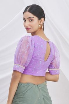 Shop for Arihant Rai Sinha Purple Organza Embroidered Saree Blouse for Women Online at Aza Fashions Orgenza Saari Blouse Design Full Sleeve, Blouse With Organza Sleeves, Organza Embroidery Blouse, Designer Blouses For Organza Sarees, Baloon Sleeves Blouse Designs, Baloon Sleeves Net Blouse, Organza Blouses Designs, Blouse Design Organza Saree, Baloon Sleeves For Blouse Saree