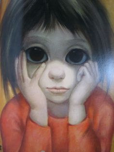 a close up of a painting of a child with eyes and hands on her face