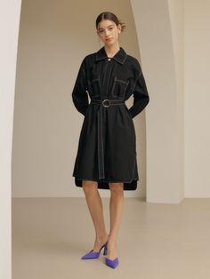 Editor's notesIt is a shirt dress inspired by trench coat design. The dress features a belt, hidden button, top-stitching point, pockets on the front, and side slits. It is a refreshing dress made of cotton fabric.- Relaxed fit- Trench coat design- Top-stitching point- Side slits- 100% CottonMeasurements(in.)One Size- Shoulder: 21.3 in.- Chest: 22.8 in.- Hem: 24.6 in.- Sleeve Length: 20.3 in.- Sleeve: 9.1 in.- Front Length: 39.4 in.- Back Length: 40.9 in.*Model info- Height 5’ 9” Bust 34” Waist Black Belted Dress For Office In Spring, Black Belted Dress For Office And Spring, Spring Workwear Belted Dress With Pockets, Spring Collared Belted Dress With Pockets, Spring Midi-length Belted Dress With Pockets, Spring Belted Dress With Pockets For Work, Spring Knee-length Belted Dress With Pockets, Spring Workwear Black Belted Dress, Black Belted Dress For Spring Workwear