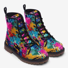 These extremely comfortable classic boots with a high quality print are made to last and to impress. Designed for fashion people, stylish and personalized. Perfect for everyday wearing and to show a unique sense of style.. - The Upper Made of PU leather (synthetic leather), the sole made of rubber.- Soft PU make it comfortable and soft. Size Chart Boots Colorful, Shoes Art, Paint Splash, Shoe Art, Classic Boots, Fashion People, Synthetic Leather, Leather Boots, Pu Leather