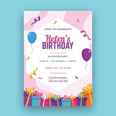 a birthday party flyer with balloons and streamers on the blue background, it is time to celebrate