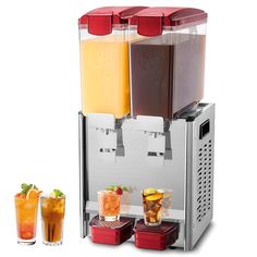 two drinks being made in a juicer with three glasses next to it and another drink is on the side