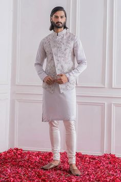 Buy Ankit V Kapoor Grey Cotton Silk Embroidered Nehru Jacket Online | Aza Fashions Fitted Nehru Jacket With Floral Embroidery For Designer Wear, Designer Floral Embroidery Nehru Jacket, Fitted Floral Embroidery Nehru Jacket Designer Wear, Designer Nehru Jacket With Chikankari Embroidery For Festive Occasions, Designer Nehru Jacket With Floral Embroidery For Festive Occasions, Fitted Nehru Jacket With Chikankari Embroidery For Transitional Seasons, Reception Bandhgala With Floral Embroidery And Long Sleeves, Festive Stand Collar Kurta With Intricate Embroidery, Designer Fitted Nehru Jacket With Floral Embroidery