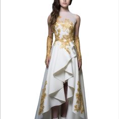 Designer - Danny Nguyen Effortless Couture / Black Chalk Magazine White & Gold Custom Dress Gold Custom Dress, White And Gold Dresses, Danny Nguyen, Gold White Dress, Angel Cosplay, White Gold Dress, Gold Dresses, Custom Dress, Custom Dresses