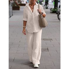 Season:Summer,Spring; Fabric:Linen; Sleeve Length:Long Sleeve,Long Pant; Gender:Women's; Nightwear Style:Loungewear,Sets; Style:Casual,Comfort,Simple; Elasticity:Micro-elastic; Tops Type:Shirt; Occasion:Going out,Home,Daily,Street; Age Group:Adults; Function:Breathable; Pattern:Pure Color; Design:Buttons; Neckline:Lapel; Bottom Type:Pant; Listing Date:05/03/2023; Hips:; Length:; Length [Bottom]:; Waist:; Bust:; Sleeve Length: Summer Cotton Button-up Pants, Relaxed Fit Button-up Summer Pants, Relaxed Fit Summer Pants With Button-up, Summer Relaxed Fit Button-up Pants, White Button-up Summer Pants, White Button-up Bottoms For Vacation, Button-up Pants For Day Out, Wide Leg Pant Suit, Stylish Summer Outfits