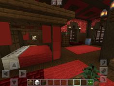 the interior of a minecraft house with red carpeting and wooden walls, lights on