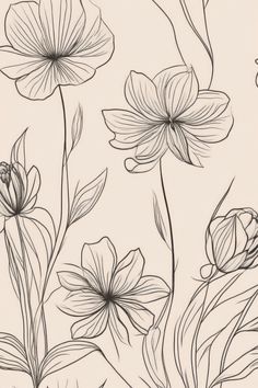 black and white drawing of flowers on a beige background