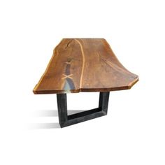 a wooden table sitting on top of a metal frame