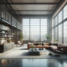 a living room filled with lots of furniture and large windowed windows in the wall