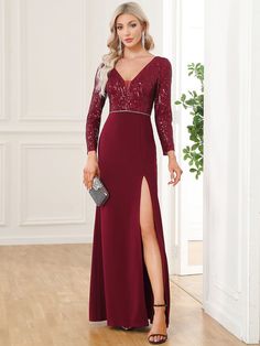 Discover Exclusive Black Friday & Cyber Monday Deals on dresses 2023! This sparkling sequin bodycon evening dress features a daring high slit and fitted, long sleeves, balanced out by the embellished waist and floor-length silhouette. Redprom Dresses, Skimpy Dresses, Long Dress With Long Sleeves, Sondra Celli, Burgundy Formal Dress, Unique Formal Dresses, Bodycon Evening Dress, Evening Dresses Cocktail, Custom Size Dresses