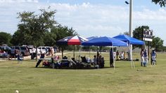 people are sitting under umbrellas in the grass at a park with cars parked nearby