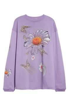 Dropped shoulders accentuate the oversized silhouette of this long-sleeve, cotton T-shirt featuring fun and funky daisy-and-butterfly graphics. 30" length (size Medium) Crewneck Dropped shoulders Long sleeves 100% cotton Hand wash, dry flat Made in Italy Designer Clothing Spring Oversized Purple Tops, Oversized Purple Tops For Spring, Spring Streetwear Sweatshirt, Oversized Floral Print Sweatshirt For Spring, Long Sleeve Cotton Tops With Butterfly Print, Oversized Floral Print Sweatshirt, Purple Long Sleeve Sweatshirt For Spring, Spring Butterfly Print Long Sleeve Tops, Spring Long-sleeve Tops With Butterfly Print