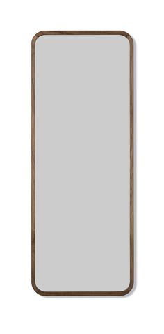 a wooden frame mirror on a white wall with a light gray back ground and dark brown edges