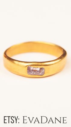 an image of a gold wedding ring with diamonds on the side and words etsy eva dane