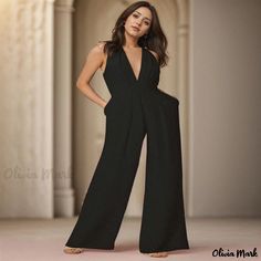 Olivia Mark - Sleek and Chic Sleeveless Halterneck Jumpsuit with Backless Design, Ideal for Social Events and Formal Gatherings. Plus Jumpsuit, Halter Neck Jumpsuit, Formal Parties, Backless Jumpsuit, White Cotton Dress, Long Shirt Dress, Casual Jumpsuit, Sleeveless Jumpsuits, Long Sleeve Shirt Dress