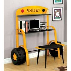 a yellow school bus desk and chair in a room