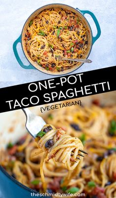 one - pot taco spaghetti in a blue skillet with the title overlay