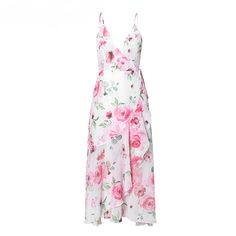 Sleeveless Floral Print V-Neck Ruffle Chiffon Asymmetric Dress - Uniqistic.com Ruffle Maxi Dress, Asymmetric Dress, Pink Floral Pattern, Flowy Maxi Dress, Beauty Dress, Floral Sundress, Chiffon Material, Chiffon Ruffle, Pink Maxi Dress