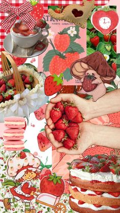 a collage of images with strawberries and strawberrys on them, including cake