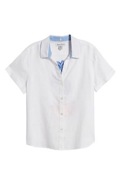 Crisp linen lets you keep your cool on a hot day in this cuffed-sleeve shirt printed with blue blooms on the back. Front button closure Spread collar Short sleeves 100% linen Machine wash, line dry Imported Vacation Button-up Shirt With Button Cuffs, Fitted Shirt With Button Closure For Vacation, Summer Beach Shirt With Button Cuffs, Casual Beach Shirt With Button Cuffs, Summer Shirt With Button Cuffs For Daywear, Casual Shirt With Button Cuffs For Beach, White Summer Shirt With Button Cuffs, Classic Fitted Vacation Shirt, Classic Fitted Shirt For Vacation