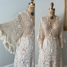 two pictures of the same dress on mannequins, one in white and one in beige