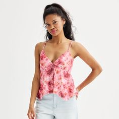 Pair this flirty, fun Juniors' Almost Famous Hankerchief Mesh Cami Top with any bottoms for an effortlessly stylish look.Click on this WOMEN'S GUIDE to find the perfect fit and more! Pair this flirty, fun Juniors' Almost Famous Hankerchief Mesh Cami Top with any bottoms for an effortlessly stylish look.Click on this WOMEN'S GUIDE to find the perfect fit and more! FEATURES Mesh construction Sleeveless Fully lined V-neckFIT & SIZING Fitted 21-in. lengthFABRIC & CARE Polyester, spandex Polyester li Coquette Pink, Almost Famous, Junior Outfits, Clothing Size Chart, Cami Top, Rose Print, Cami Tops, Pink Print, Polyester Spandex