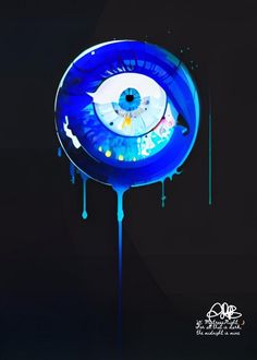 an eyeball with dripping blue paint on it