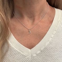 Artist: Sue Fleming Sterling Silver with Diamond 1/4" wide x 1/2" long pendant on a 16" chain Read Sue Fleming's bio here Floating Necklace, Tiny Heart, Long Pendant, Crescent Moon, Beaded Chain, Crescent, Gift Card, Moon, Sterling Silver