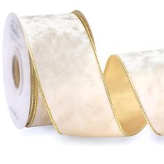 a roll of satin ribbon with gold foiling on the edge and white, two - tone