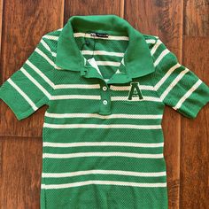 Adorable Letterman Polo Top #Tennis #Preppy Preppy Green Tops For Summer, Preppy Green Top For Summer, Tennis Preppy, Zara Tshirt, Cut Tee Shirts, Black Short Sleeve Shirt, Camo Tee, Crop Top Casual, Polo Top