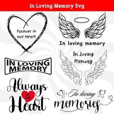 the words in loving memory svg are handwritten and decorated with hearts, wings, and