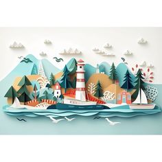 Paper Art Coastal Scene1 Poster Print - Ray Heere-VARPDXRAYHEE288502 Image 1 Paper Art Christmas, Kraft Paper Art, Construction Paper Art, Paper Relief, Illustrations Ideas, Cut Paper Illustration, Watercolor Travel, Relief Art, Annual Reports