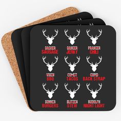 four coasters with white deer heads and red text on them, each featuring the same name