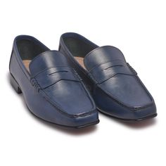 Blue Penny Loafer shoes mens Blue Slip-on Moccasins, Elegant Blue Slip-on Moccasins, Blue Slip-on Formal Loafers, Blue Formal Slip-ons For Spring, Formal Blue Slip-ons For Spring, Classic Blue Slip-ons For Business, Blue Leather Business Shoes For Spring, Blue Dress Shoes For Business In Spring, Blue Leather Sole Tassel Loafers Slip-on