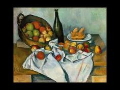 a painting of apples, bread and a bottle on a table with a white cloth