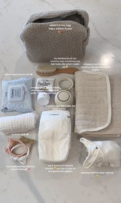 the contents of a travel bag laid out on top of a marble counter with instructions