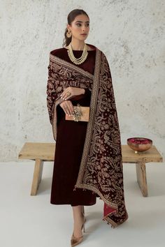 Buy Designer Embroidered Maroon Velvet Shawl at PinkPhulkari Velvet Shawls Pakistani, Pakistani Salwar Kameez Designs, Velvet Pakistani Dress, Velvet Suit Design, Shawl Outfit, Kameez Designs, Velvet Dress Designs, Velvet Shawl, Pakistani Fancy Dresses