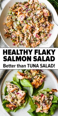 Salmon salad recipe in a bowl and on lettuce leaves Creamy Salmon Salad, Apple Salmon Salad, Salmon Burger Salad, Salmon Recipes With Veggies, Spinach And Salmon Salad, Curry Salmon Salad, Healthy Lunch Ideas Fish, Salmon Salad Healthy, Mediterranean Salmon Salad Recipes