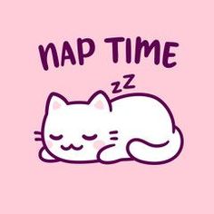 a white cat sleeping with the words nap time on it's face in front of a pink background