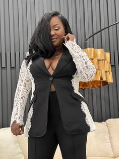 Bink&Bougie Corporate Black Gurl Collection inspired by social media influencer & corporate baddie Brittani Sade! The Corporate Black Gurl Collection is for our Bougie Bombshells who slay in and out of the boardroom. Each blazer can be worn as a suit or by itself and make an statement. The Boss Move Pant Suit is a modern spin on the traditional black and white color block pattern. The lace inserts gives a feminine and classy illusion of a smaller waist. Each suit is true to size with an European slim cut. There is no stretch due to its sleek and tailored look. All suits are shipped directly from the manufacturer in Turkey to keep the cost low. Suits will take a minimum of 7-14 business days to be delivered. Please note this when ordering. **SUITS ARE NOT AVAILABLE IN STORE Notched Collar S Boss Moves, Corporate Baddie, Smaller Waist, Pant Suit, Block Pattern, Lace Insert, Social Media Influencer, Notched Collar, The Boss